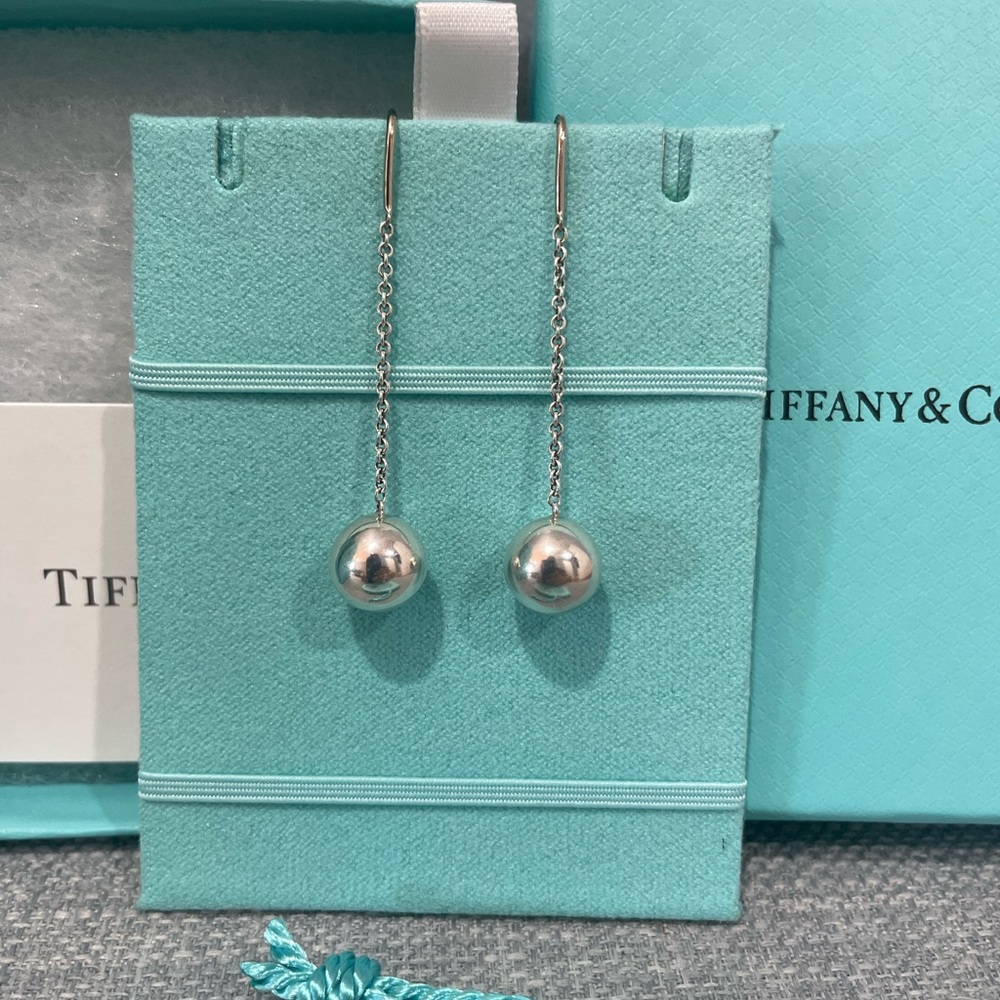 Tiffany & Co. Sterling Silver 925 10mm Hardware Ball Hook Dangle Drop Earrings